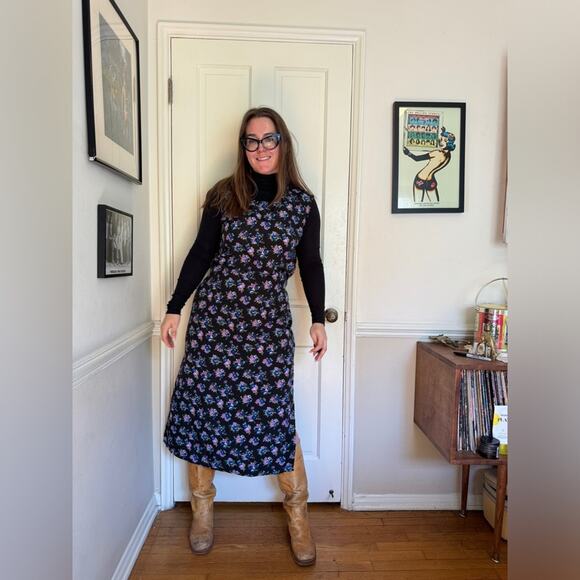 Vintage Dresses & Skirts - 90s Vintage Black Floral Tank Dress with Back Ties